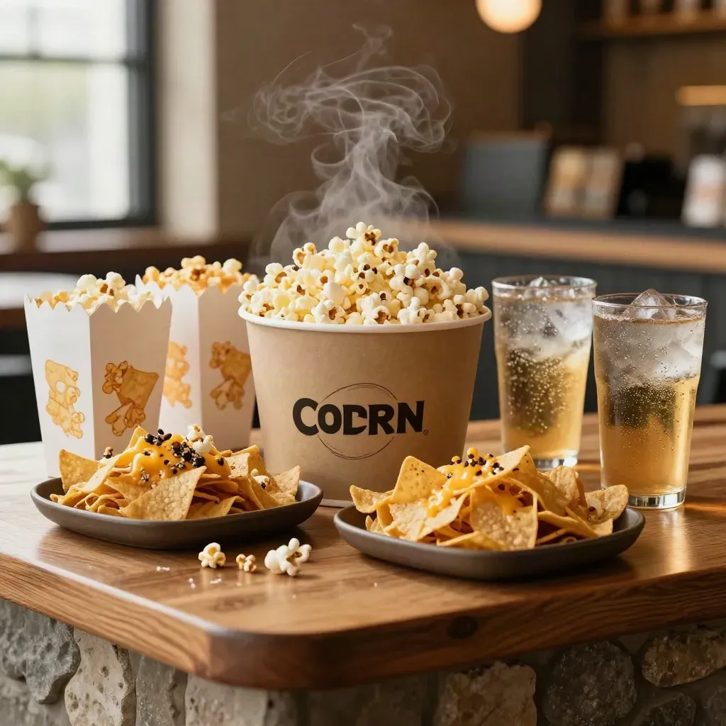Snek panggung premium: popcorn, nachos dan minuman sejuk dalam suasana lobby pawagam.