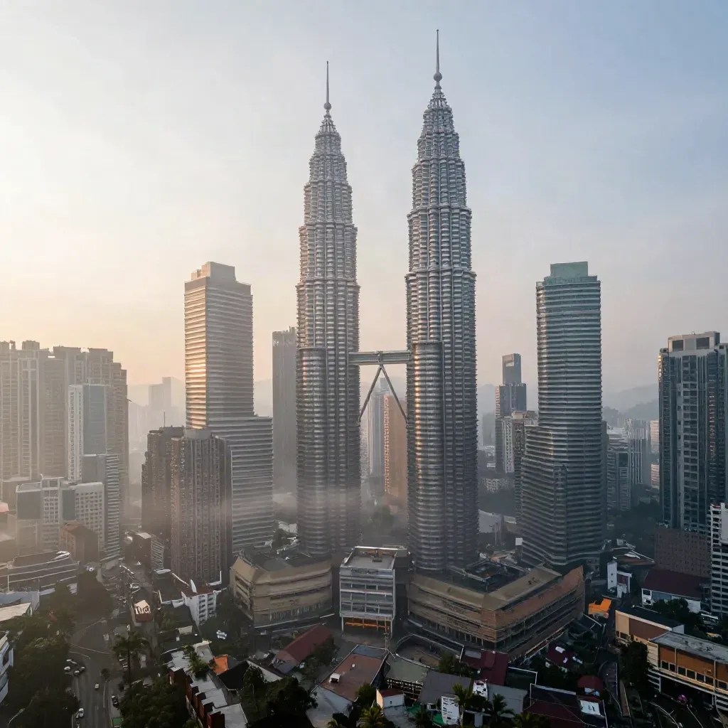 Kuala Lumpur berkabus selepas hujan, Menara Petronas tinggi di atas bandar