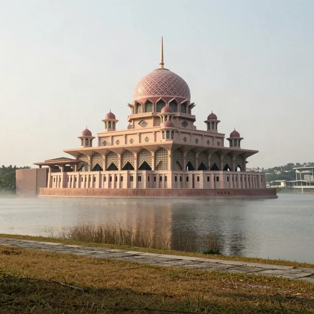 Pandangan Putrajaya dengan Masjid Putra, lengkungan jambatan dan tasik tenang dalam cahaya emas.